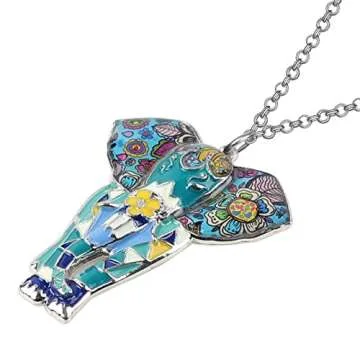 BONSNY Signature Africa Wildlife Collection SUNRISE Jungle Safari Wild Elephant Large Statement Enamel Pendant Necklace (Blue)