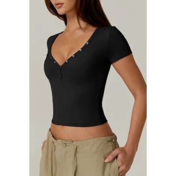 QINSEN Women's Sexy Short Sleeve Henley T Shirts Double Lined Button Up Slim Fit Crop Top Y2K Going Out Tops Black S