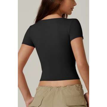 QINSEN Women's Sexy Short Sleeve Henley T Shirts Double Lined Button Up Slim Fit Crop Top Y2K Going Out Tops Black S