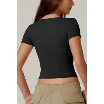 QINSEN Women's Sexy Short Sleeve Henley T Shirts Double Lined Button Up Slim Fit Crop Top Y2K Going Out Tops Black S