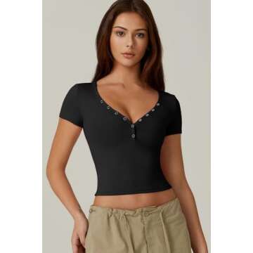 QINSEN Women's Sexy Short Sleeve Henley T Shirts Double Lined Button Up Slim Fit Crop Top Y2K Going Out Tops Black S