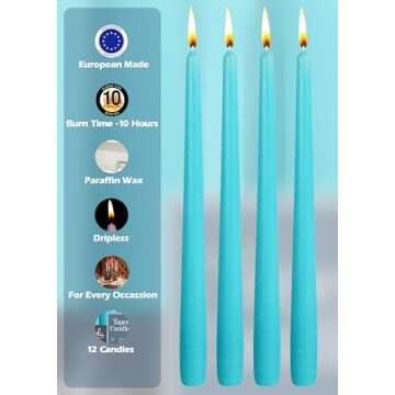 12 Pack Tall Taper Candles - 12 Inch Light Blue - Turquoise Dripless, Unscented Dinner Candle - Paraffin Wax with Cotton Wicks - 10 Hour Burn Time