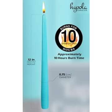 12 Pack Tall Taper Candles - 12 Inch Light Blue - Turquoise Dripless, Unscented Dinner Candle - Paraffin Wax with Cotton Wicks - 10 Hour Burn Time
