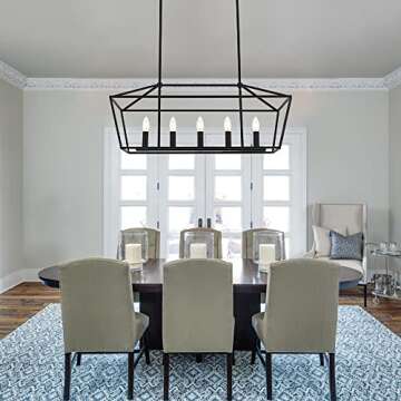 MELUCEE Farmhouse Chandeliers for Dining Rooms Black, 5-Light Industrial Pendant Lighting for Kitchen Island Candle Rectangle Chandelier Light Fixture Linear Lights, E12 Base