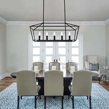MELUCEE Farmhouse Chandeliers for Dining Rooms Black, 5-Light Industrial Pendant Lighting for Kitchen Island Candle Rectangle Chandelier Light Fixture Linear Lights, E12 Base