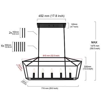 MELUCEE Farmhouse Chandeliers for Dining Rooms Black, 5-Light Industrial Pendant Lighting for Kitchen Island Candle Rectangle Chandelier Light Fixture Linear Lights, E12 Base
