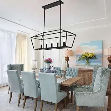 MELUCEE Farmhouse Chandeliers for Dining Rooms Black, 5-Light Industrial Pendant Lighting for Kitchen Island Candle Rectangle Chandelier Light Fixture Linear Lights, E12 Base