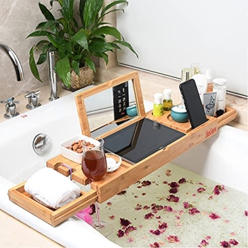 JinGarss Bamboo Bathtub Tray Caddy - Expandable Luxury Organizer