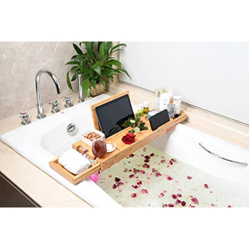 JinGarss Bamboo Bathtub Tray Caddy - Expandable Luxury Organizer
