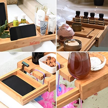 JinGarss Bamboo Bathtub Tray Caddy - Expandable Luxury Organizer