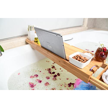 JinGarss Bamboo Bathtub Tray Caddy - Expandable Luxury Organizer