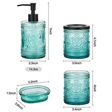 4PCs Teal Blue Glass Bathroom Accessories Set with Decorative Pressed Pattern - Includes Hand Soap D...