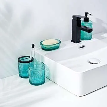 4PCs Teal Blue Glass Bathroom Accessories Set with Decorative Pressed Pattern - Includes Hand Soap Dispenser & Tumbler & Soap Dish & Toothbrush Holder (Bathroom Accessories Blue)
