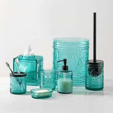 4PCs Teal Blue Glass Bathroom Accessories Set with Decorative Pressed Pattern - Includes Hand Soap Dispenser & Tumbler & Soap Dish & Toothbrush Holder (Bathroom Accessories Blue)