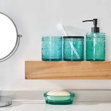 4PCs Teal Blue Glass Bathroom Accessories Set with Decorative Pressed Pattern - Includes Hand Soap Dispenser & Tumbler & Soap Dish & Toothbrush Holder (Bathroom Accessories Blue)