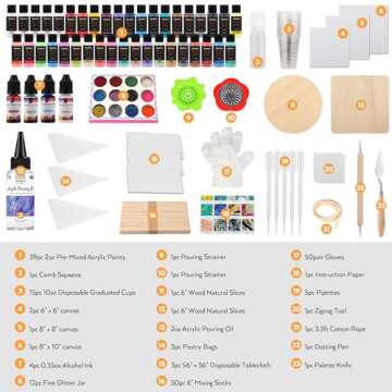 Nicpro 39 Colors 2oz Acrylic Pour Paint Supplies Kit, Pre-Mixed Pouring Paint High Flow Painting Bulk Set for Beginner DIY, with Canvas, Wood Slices, Pouring Oil, Tools, Gloves, Strainer, Cups