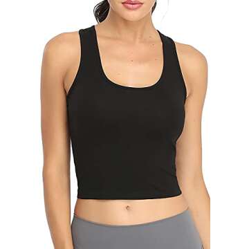 Porvike 3-Pack Women's Sports Crop Tank Tops - Athletic Yoga Racerback Cotton Workout Shirts (Black, White, Grey, L)