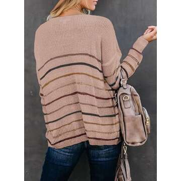 Dokotoo Womens Cute Fall Summer 2024 V-Neck Striped Boho Long Sleeve Crochet Comfy Cozy Ribbed Knit ...