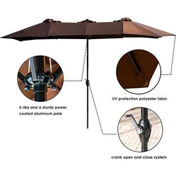 LOKATSE HOME 15 Ft Double Sided Outdoor Umbrella Rectangular Large with Crank for Patio Shade Outside Deck or Pool, Brown