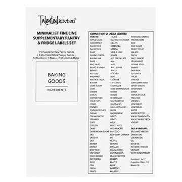 Talented Kitchen 157 Pantry Organization Labels for Food Storage Containers, Preprinted Gold All Caps on Matte White Vinyl Stickers + Numbers for Minimalist Style Kitchen (Water Resistant)