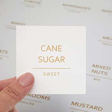 Talented Kitchen 157 Pantry Organization Labels for Food Storage Containers, Preprinted Gold All Caps on Matte White Vinyl Stickers + Numbers for Minimalist Style Kitchen (Water Resistant)