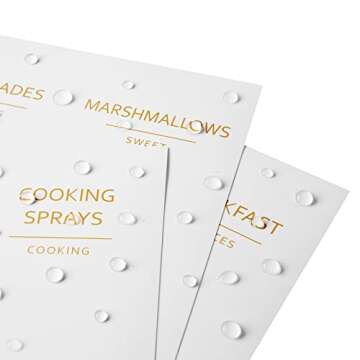 Talented Kitchen 157 Pantry Organization Labels for Food Storage Containers, Preprinted Gold All Caps on Matte White Vinyl Stickers + Numbers for Minimalist Style Kitchen (Water Resistant)