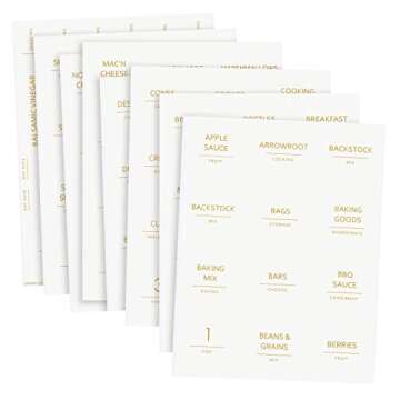 Talented Kitchen 157 Pantry Organization Labels for Food Storage Containers, Preprinted Gold All Caps on Matte White Vinyl Stickers + Numbers for Minimalist Style Kitchen (Water Resistant)