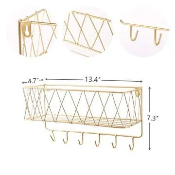 YCOCO Wall Key Holder, Decorative Metal Wire Mesh Mail Storage Basket with 6 Hooks for Letters, Keys...