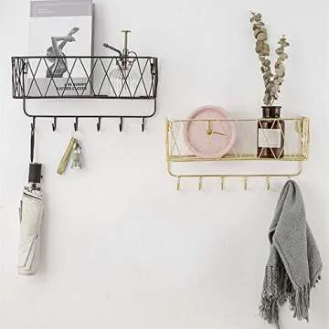 YCOCO Wall Key Holder, Decorative Metal Wire Mesh Mail Storage Basket with 6 Hooks for Letters, Keys, Dog Leashes - Easy to Organize Entryway and Hallway