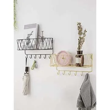 YCOCO Wall Key Holder, Decorative Metal Wire Mesh Mail Storage Basket with 6 Hooks for Letters, Keys, Dog Leashes - Easy to Organize Entryway and Hallway