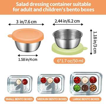 Qefuna Salad Dressing Container to go, 6 x 1.7 oz Stainless Steel Condiment Containers, Leakproof Si...