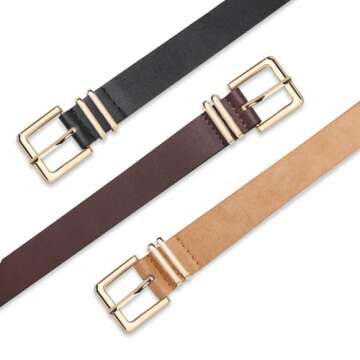 UnFader Pack 3 Women Belts for Jeans Pants, Fashion Gold Buckle Leather Belts