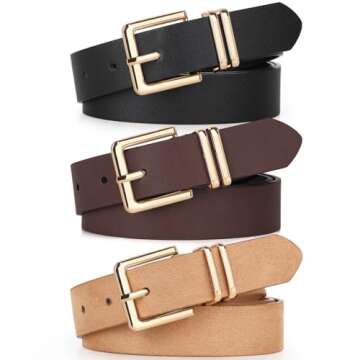 UnFader Pack 3 Women Belts for Jeans Pants, Fashion Gold Buckle Leather Belts