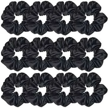 12 Pcs Satin Silk Scrunchies Soft Hair Ties Fashion Bands Bows Ropes Elastic Ponytail Holders Accessories for Women and Girls (4.3 Inch, Black)