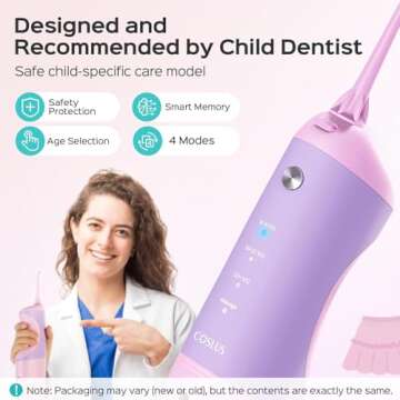 COSLUS Kids Water Flosser 4 Modes Ages 6+ Waterproof Rechargeable