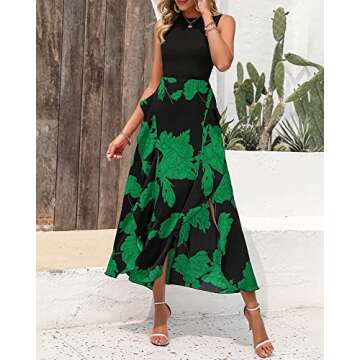 BTFBM Women Casual Sleeveless Summer Dresses 2025 Spring Crewneck Patchwork Boho Floral Ruffle Cocktail Party Midi Dress(Big Floral Green, Small)