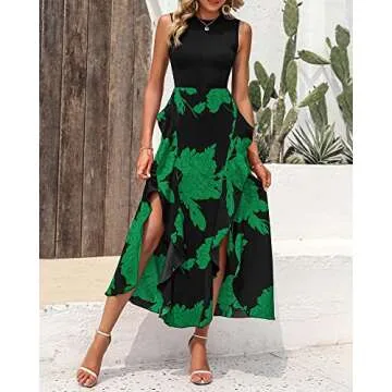 BTFBM Women Casual Sleeveless Summer Dresses 2025 Spring Crewneck Patchwork Boho Floral Ruffle Cocktail Party Midi Dress(Big Floral Green, Small)