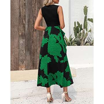 BTFBM Women Casual Sleeveless Summer Dresses 2025 Spring Crewneck Patchwork Boho Floral Ruffle Cocktail Party Midi Dress(Big Floral Green, Small)
