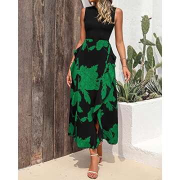 BTFBM Women Casual Sleeveless Summer Dresses 2025 Spring Crewneck Patchwork Boho Floral Ruffle Cocktail Party Midi Dress(Big Floral Green, Small)