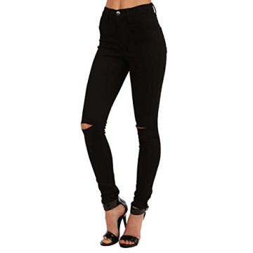 Vibrant Women's Stretch Skinny Jeans - High Waisted Slit Ripped Knee Solid Casual Denim Pants VP831 Black 7