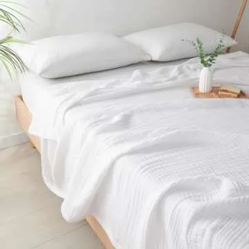 PHF 100% Cotton Muslin Blanket Queen Size 90" x 90", 4-Layer Lightweight and Breathable Blanket, Luxuriously Soft Gauze Bedding for Couch Bed, Ideal Gift Choice, White