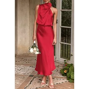 PRETTYGARDEN Women's 2025 Summer Satin Dress Elegant Sleeveless Mock Neck Cocktail Party Maxi Dresses (Red,Large)