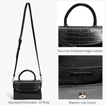 Like Dreams Women's Small Fashion Faux Croc-Embossed Vegan Leather Top Handle Satchel Handbag (Black)