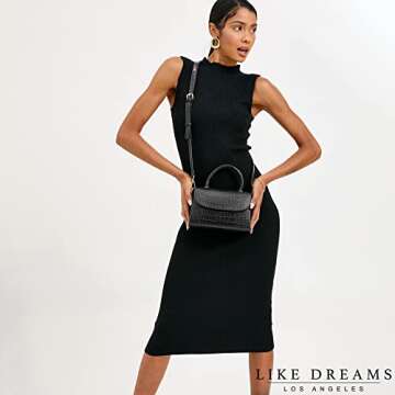 Like Dreams Women's Small Fashion Faux Croc-Embossed Vegan Leather Top Handle Satchel Handbag (Black)