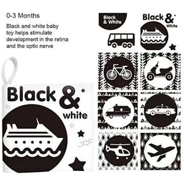 6 High Contrast Baby Toys for Newborn 0 6 12 Months Black and White Soft Baby Book Crinkle Squeaky Toy, Newborn Brain Development Toys, Visual Stimulation Learning Activity Nontoxic Fabric cloth book