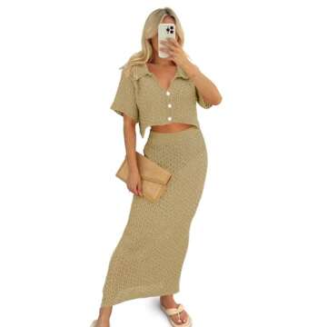Saodimallsu Women Crochet Beach Cover Up Set Knit Crop Button Short Sleeve Collar Top Bodycon Long Skirt 2 Piece Outfits Light Khaki