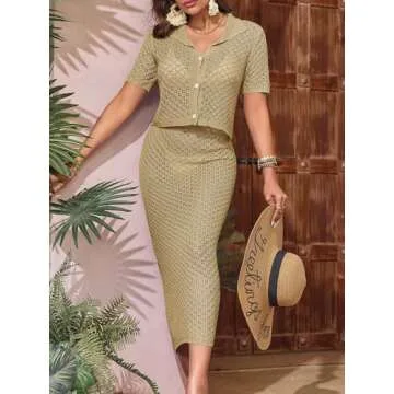 Saodimallsu Women Crochet Beach Cover Up Set Knit Crop Button Short Sleeve Collar Top Bodycon Long Skirt 2 Piece Outfits Light Khaki