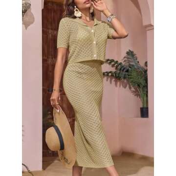 Saodimallsu Women Crochet Beach Cover Up Set Knit Crop Button Short Sleeve Collar Top Bodycon Long Skirt 2 Piece Outfits Light Khaki