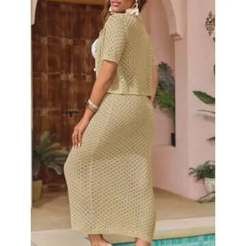 Saodimallsu Women Crochet Beach Cover Up Set Knit Crop Button Short Sleeve Collar Top Bodycon Long Skirt 2 Piece Outfits Light Khaki