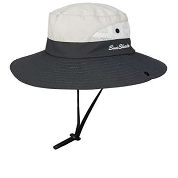 Women's Outdoor UV-Protection-Foldable Sun-Hats Mesh Wide-Brim Beach Fishing Hat with Ponytail-Hole Beige/Grey